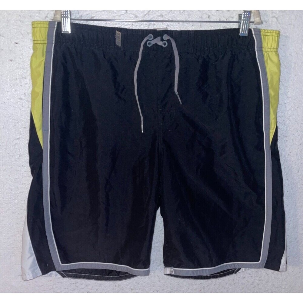 Nike Swim Trunks Men’s Size L Black Yellow Stripe Pockets Drawstring
